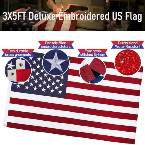 5FT Black Flag Pole Kit for Outside House with American Flag & Solar Light,1" Thickened Stainless Steel Wall Mount Flagpole with 180°Adjustable Bracket for Residential Outdoor Porch