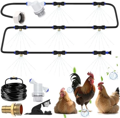 Chicken Coop Mister, 26FT Chicken Cooling System with 12 Brass Misting Nozzles, Filter, Cutter & 3/4" Adapter, Backyard Chicken Misters for Coop, Chicken Coop Accessories for Summer Heat