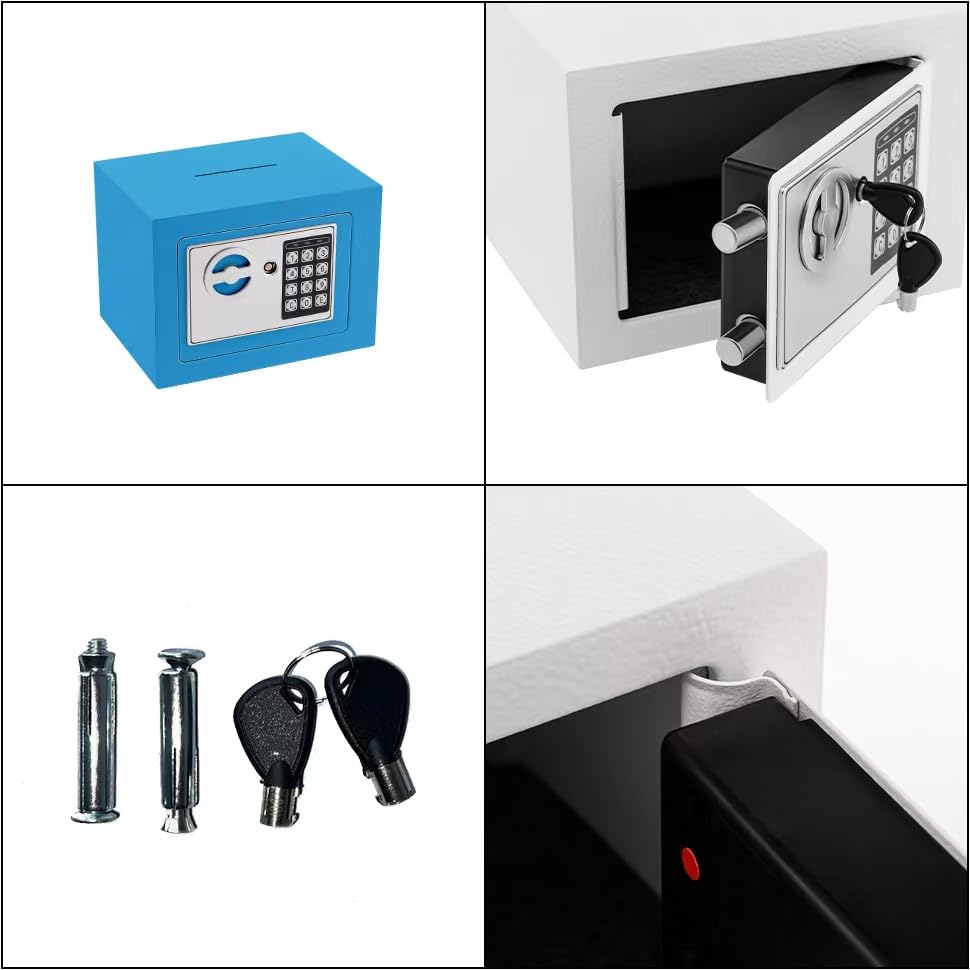 Small Safe Box With Digital Keypad & Keys - 9.05 x 6.7 x 6.7 Inches Wall Safe 0.23 Cuft Mini Security Lock for Money, Cash, Coin, Jewelry - Home Office Hotel Rooms Business (Blue2)