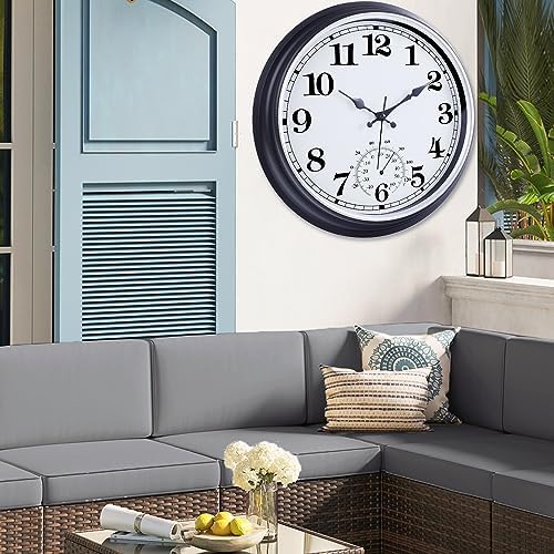 QWARVEL 16 Inch Large Outdoor Clock, Retro Waterproof Indoor/Outdoor Clock Non-Ticking Clock with Thermometer, Battery Operated Wall Clock for Patio, Garden, Pool - Black