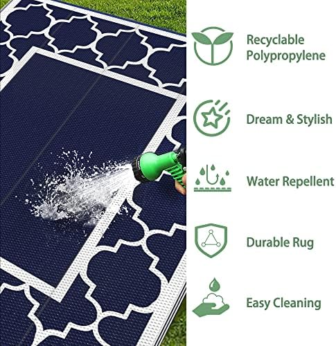 GENIMO 6' x 9' Outdoor Rug Waterproof for Patio Decor, Foldable Reversible Plastic Straw Area Rugs Mat for Camper, Outside Carpet for Rv, Deck, Porch, Picnic, Beach, Balcony, Blue & Grey