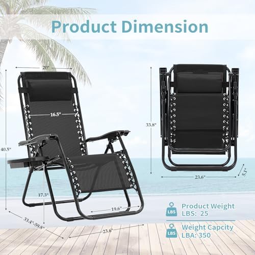 Zero Gravity Chairs Set of 2, 350lbs Capacity Folding Outdoor Patio Recliner with Adjustable Headrest & Cup Holder, Anti Gravity Chair for Backyard, Poolside & Lawn (Black)