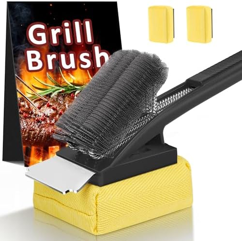 Grill Brush with Scraper-Replaceable Steam BBQ Grill Cleaner Brush Head -Black 3-in-1 Safe Barbecue Clearning Brush Tools for Cast Iron/Stainless-Steel Grates (2 Steam Brush Heads)-Gifts for Grill Men