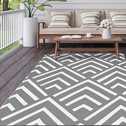 Kohree RV Outdoor Rug 9x12 Reversible, Waterproof Patio Mat with 4 Stakes & UV Fade Resistant, Non-Slip Outdoor Camping Mat for Deck, Picnic, Backyard, Includes Carry Bag (Grey & White)