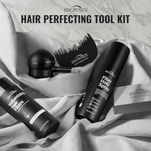 SNOWSEN Hair Building Fibers for Thinning Hair in Women & Men, Dark Brown, 27.5g, 5-in-1 Beard Styling Set, Applicator Pump, Fiber Hold Spray, Application Card, Hairline Enhancement Comb