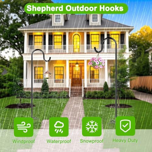 48 Inch Shepherds Hooks for Outdoor, Heavy Duty Bird Feeder Pole with 5 Prong Bases, Garden Hanging Stake for Bird Feeder, Solar Light, Plant Hanger, Wedding Decor, Metal Hanger Hooks, Black, 2 Packs