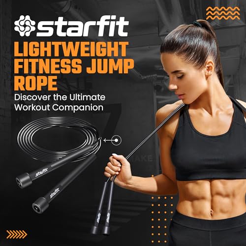 STARFIT Lightweight Jump Rope with Plastic Handles for Fitness and Exercise - Adjustable - Tangle-Free Skipping Rope for Crossfit, Gym, Cardio and Endurance Training, Workout (Black)
