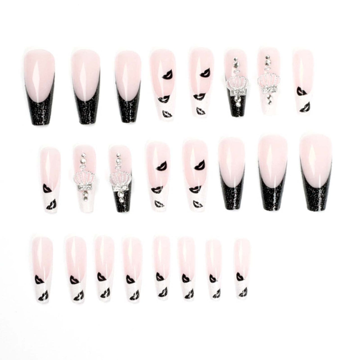 DANMANR Long Press on Nails Square French Fake Nails Full Cover Nude Acrylic False Nails for Women and Girls 24PCS (French Crown Rhinestones)