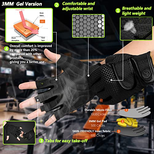 MOREOK Workout Gloves Padded Weight Lifting Gloves for Men/Women, [3MM Gel] Fingerless Grip Gym Gloves Fitness Gloves Black-S