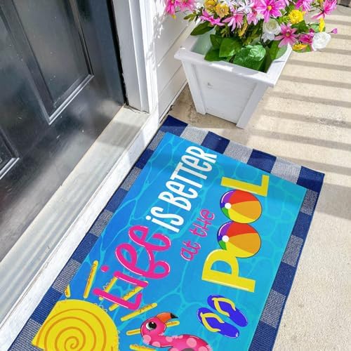 Summer Door Mat,Life is Better at The Pool Indoor Outdoor Non-Slip Doormat,Entryway Front Porch Farmhouse Summer Welcome Door Mat Colorful for Entrance Decor,30" x 17"