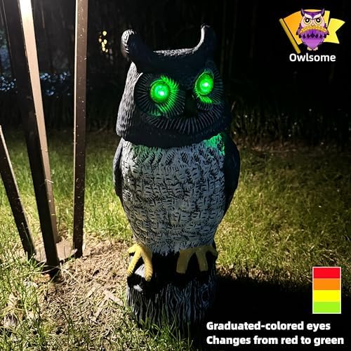 Owlsome Solar Owl with Colored Flashing Eyes, Rotating Head, Hoot Sound, Motion Detector and Silent Mode, Plastic Owl Garden Sculpture, Garden Decoration