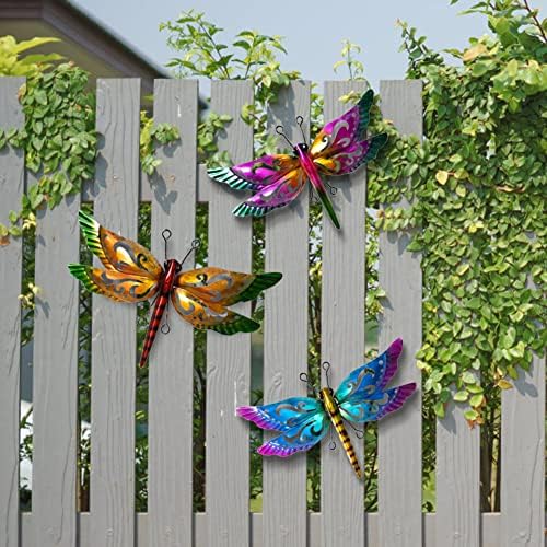 Dragonfly Garden Decor, 3 Pack Colorful Metal Dragonfly Wall Decor, Outdoor Decor Art for Patio, Yard, Fence, Garden, Outside, Backyard, Balcony
