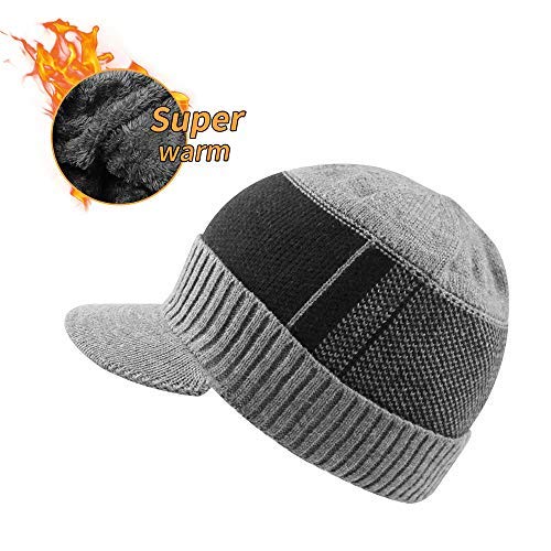 XIAOHAWANG 2-Pieces Winter Hat Scarf Set Knit Cable Visor Beanie Warm Scarves Fleece Lining Patchwork Stripe Newsboy Cap with Brim for Outdoor Sport(Grey)