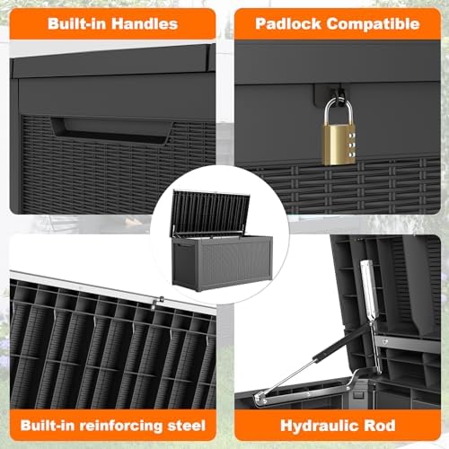 260 Gallon Resin Deck Box, Lockable Patio Outdoor Storage Box for Furniture, Garden Tools and Tools Storage, Waterproof Outside Storage Boxes - Black