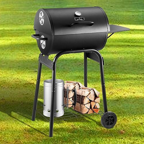 Charcoal Grill Outdoor BBQ Grill, Barrel Charcoal Grills with Side Table, with Nearly 500 Sq.In. Cooking Grid Area, Outdoor Backyard Camping Picnics, Patio and Parties, Black