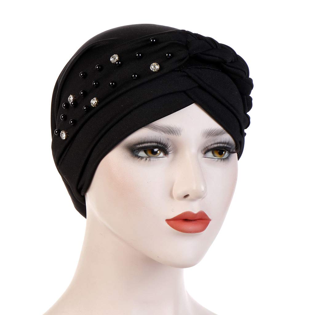 beauty YFJH Women Hijab Beading Pre-Tied Twisted Braid Turban Hat Head Scarf Cancer Chemo Beanies Headwear Headwrap Cap (Black)