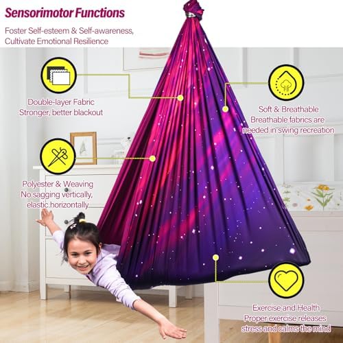 Sensory Swing for Kids & Adults Holds up to 300lbs Indoor & Outdoor Double Layer Therapy Cuddle Swing with 360° Swivel Hanger Kit for Calming, Effect for Autism, ADHD or SPD. (Galaxy Purple)