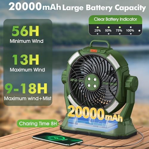 Misting Fan with Portable 6L Bucket for Outdoor Patios, 20000mAh Rechargeable Mister Fan for Camping with LED Light, 4 Spray Mister, Remote Controller Green