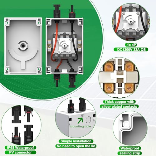 Solar Disconnect Switch 32 Amp DC1200V Isolator Switch with IP66 Waterproof Enclosure for Rooftop Solar Systems, RVs and Boats