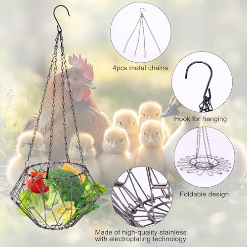 Hanging Chicken Feeder, Foldable 6.5inches Large Poultry Vegetable Fruits Feeder Basket with 17inches Hanging Chain, Veggie Treat Ball Boredom Toys for Chicken/Hens/Duck/Rabbit Coop, 2 Pack
