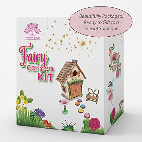Meadow & Oak Fairy Garden House Kit - Complete with Fairy Garden Accessories, Butterly Seat, Bird Bath, Stepping Stones, Magnetic Door Closure for Indoor/Outdoor Fairy House