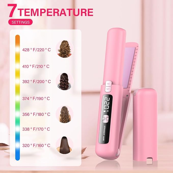 Cordless Hair Straightener and Curler 2 in 1 Mini Lightweight and Small USB Rechargeable with 4500mAh Battery 10s Fast Heating Portable Ceramic Flat Iron for Travel (Pink)