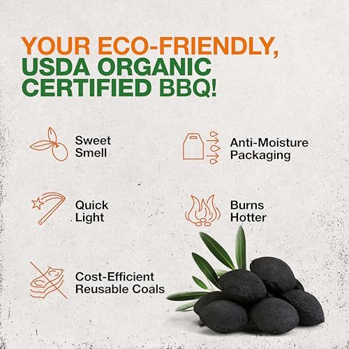 Organic Charcoal Briquettes by Olivette, Reusable Charcoal for Grilling, USDA Certified, Recycled Olive Tree Byproduct, Ready to Light BBQ Charcoal, 6.6 lb. Bag Equal to 20 lb. of a Regular Charcoal