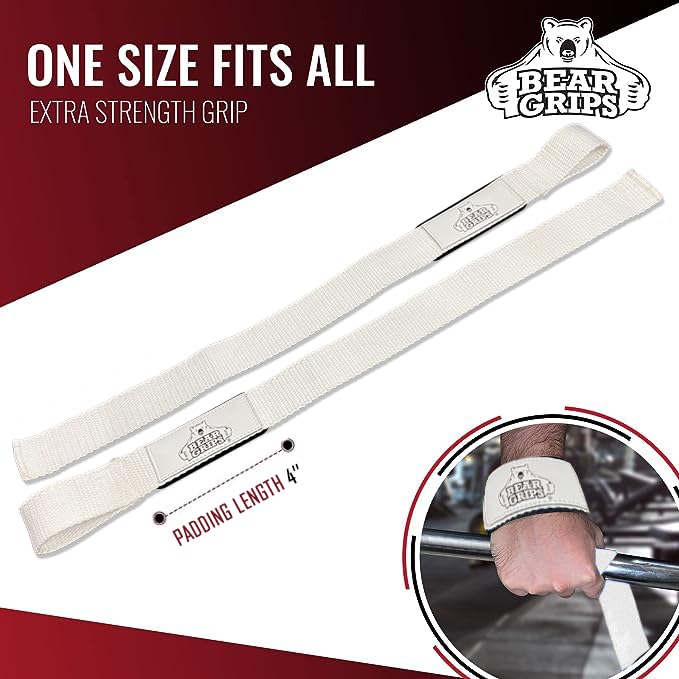 Bear Grips Lifting Straps Gym, Wrist Straps for Weightlifting, Gym Straps, Weightlifting Straps, Deadlift Straps, Weight Lifting Straps for Men, Weight Straps Lifting Women, 2 Lifting Strap | White