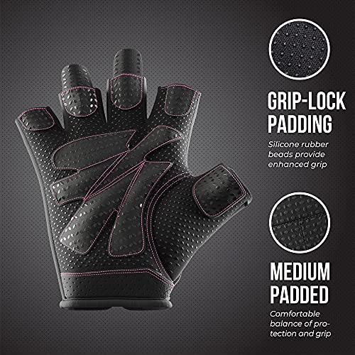 Contraband Pink Label 5137 Women's Padded Weight Lifting and Rowing Gloves w/Grip-Lock Padding (Pair) - Machine Washable Fingerless Workout Gloves Designed Specifically for Women (Black, X-Small)