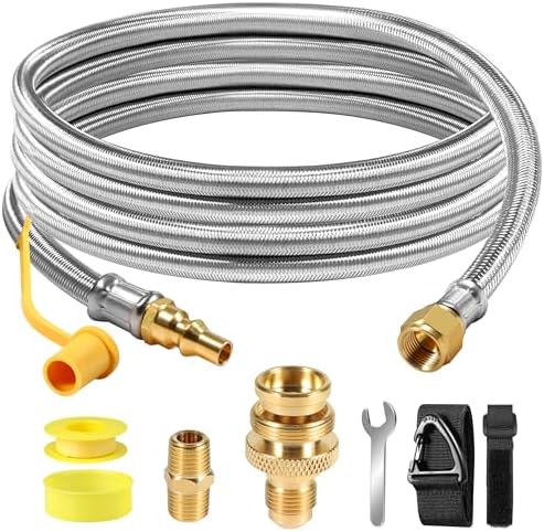 Propane Hose, 12FT Stainless Steel Quick Connect Hose for RV, 1/4'' Quick Disconnect Connect for RV to Gas Grill, Compatible with 1 LB Portable Appliance to RV 1/4" Female Quick Disconnect