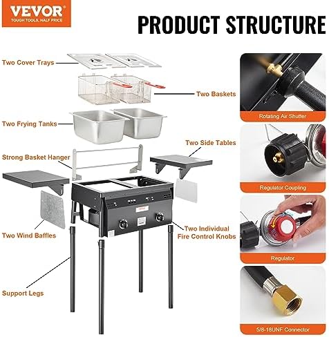 VEVOR Outdoor Propane Deep Fryer, Double Burners Commercial Fryer, 16 Qt Stainless Steel Cooker with Removable Baskets & Lids & Tanks, Oil Fryer Cart with Thermometer & Regulator, For Outdoor Cooking