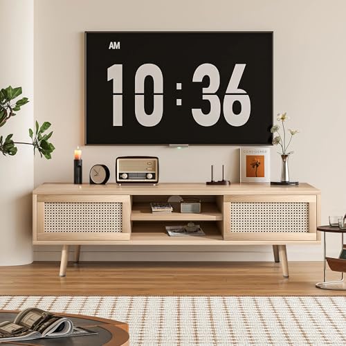 Rattan TV Stand for Bedroom, Entertainment Center for 55 Inch TV, Modern TV Stands with Storage, Small TV Media Table, TV Console Cabinet for Living Room, Farmhouse, Oak, Wood