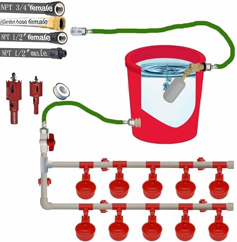 Complete Set Pipeline Automatic Poultry Waterer System, 1/2" PVC Pipe Accessories DIY Kit with 2 Hose, Chicken Water Cup, Duck Goose Waterer