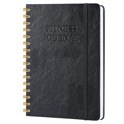 Fitness Journal-Workout Journal for Women & Men, Hard Cover Leather Fitness Planner, Workout Log Book With Gym Goals, Calendar, Progress Tracker, A5-5.7" x 8.3" - Black