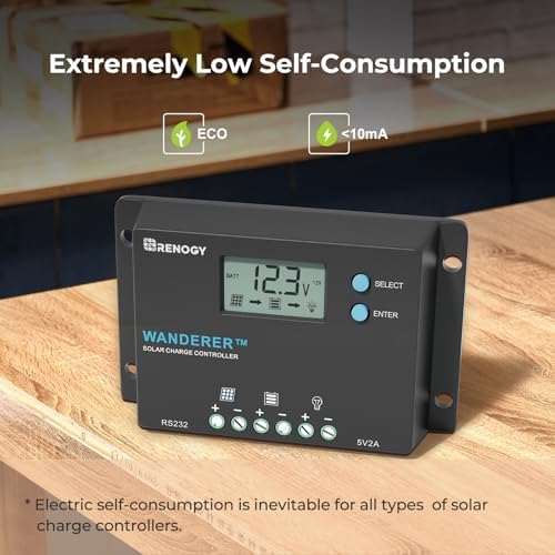 Renogy Wanderer 10A Solar Charge Controller - 12V/24V PWM Auto-Detect, LCD Display, USB & Lithium Support, Waterproof for RV Marine Off-Grid