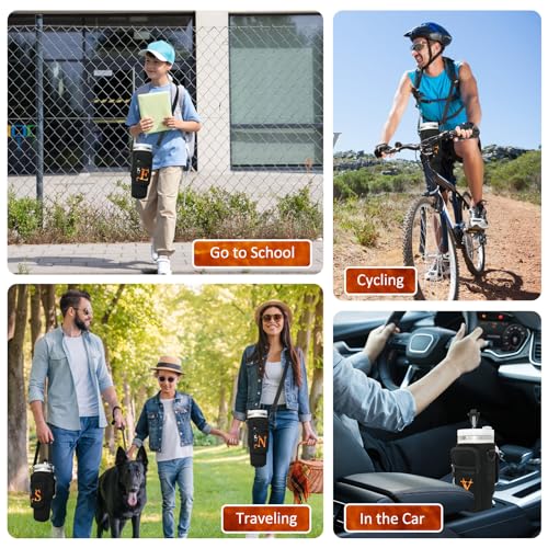 Sunegg Initial Water Bottle Carrier Bag for Stanley 40 oz Tumbler with Handle, Water Bottle Holder Pouch with Phone Pocket, Straw Cover & Carabiner, Nice Accessories for Stanley Cup(Black S)