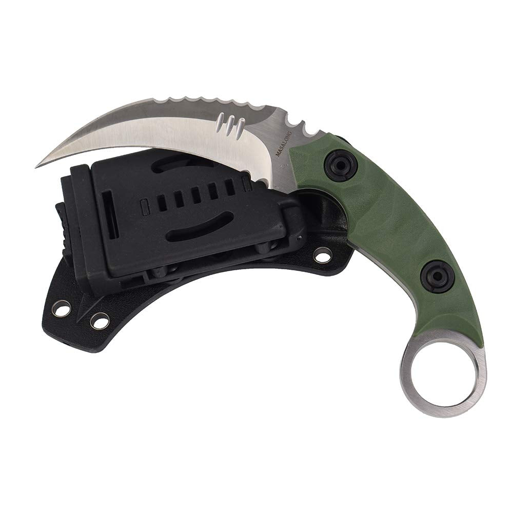 MASALONG Outdoor Survival claw Tactical teeth Knife Double edged sharp Fixed Blade Knife With Sheath (5CR Sand light Green handle)