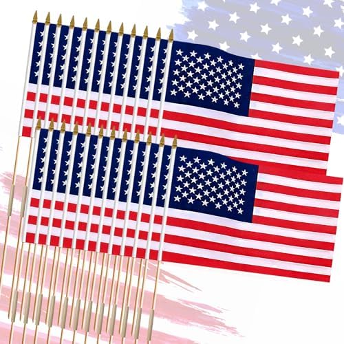 24 Pack 12x18 Inch Handheld American Flags on Stick - Patriotic American Flags for Outside, USA Stick Flag Perfect for Independence Day, Memorial Day, 4th of July Decorations (24)