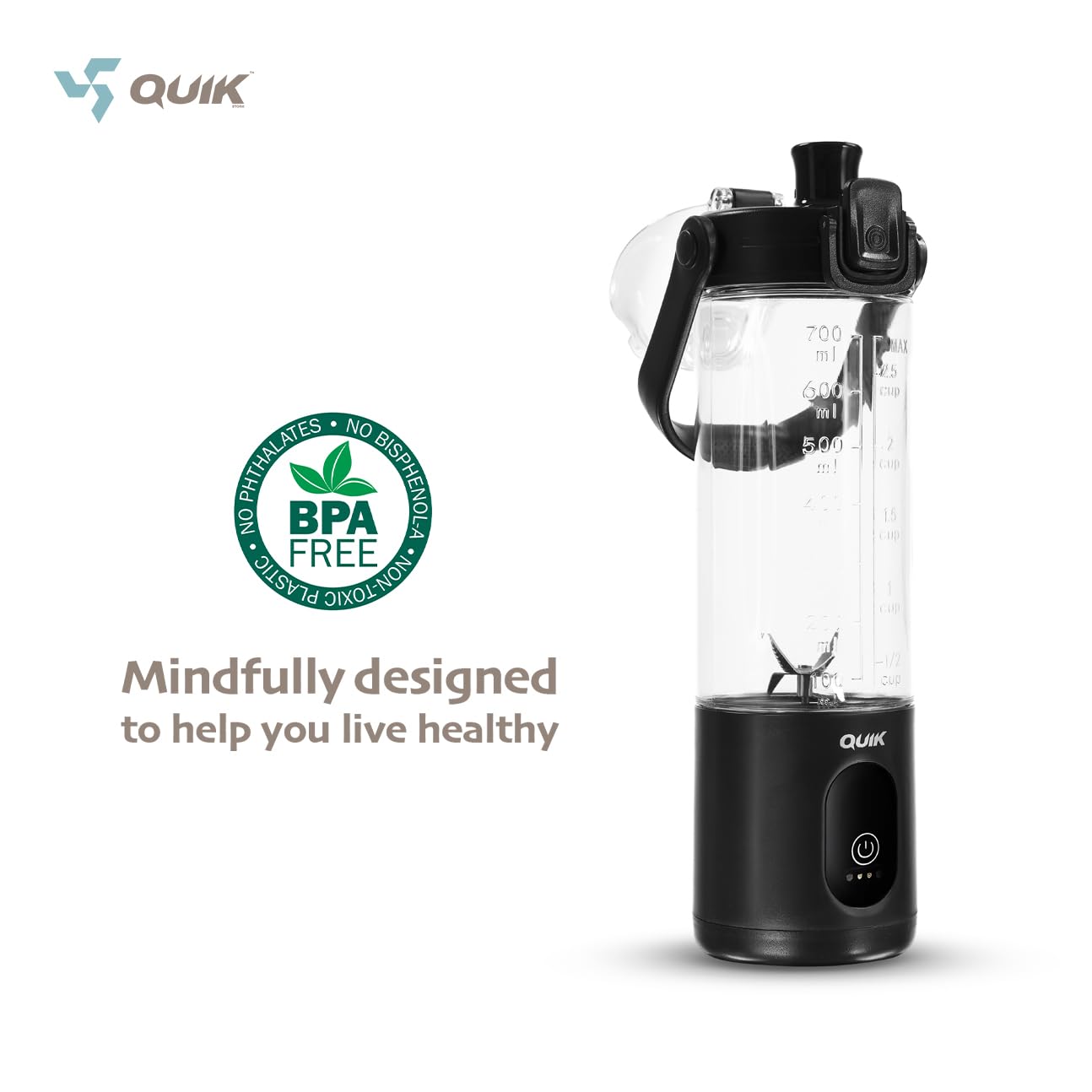 QUIK Portable Blender - Cordless 24oz. Personal Blender for Shakes and Smoothies, Licuadora, BPA Free - Ice Crush, Dishwasher safe parts, Waterproof, Triple Batteries, Juicer Cup, Black
