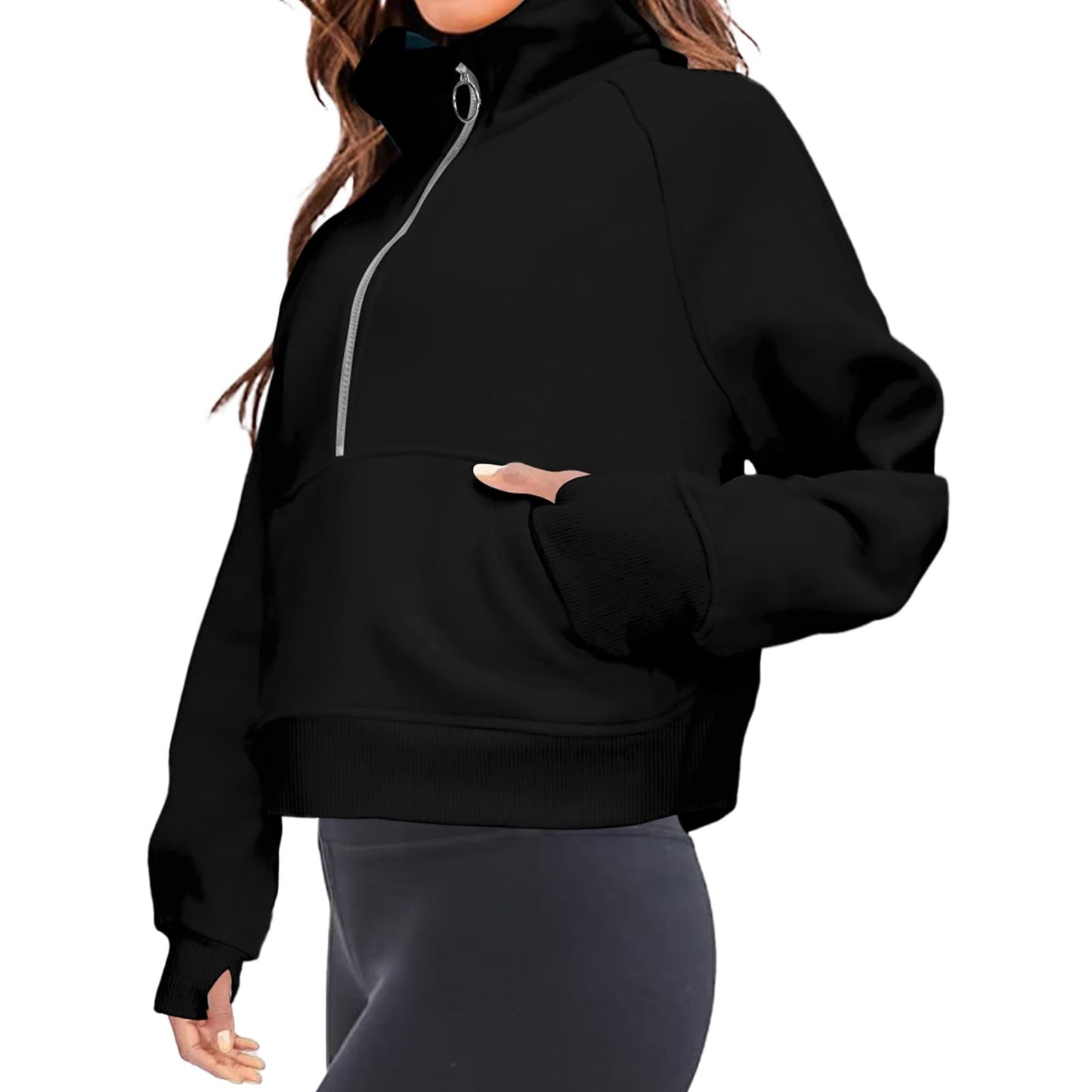 FKEEP Womens Half Zip Hoodies Quarter Zipper Up Cropped Sweatshirt Long Sleeve Athletic Pullover Tops with Thumb Hole(Black,Large)