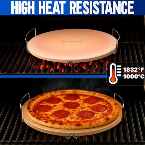 KitchenStar 16-inch Pizza Stone for Oven and BBQ Grill with Handles, Round, 5/8" Thick - Natural Cordierite, 1800 °F Resistant, Baking Stone Set with Stainless Steel Rack & Plastic Scraper Tool