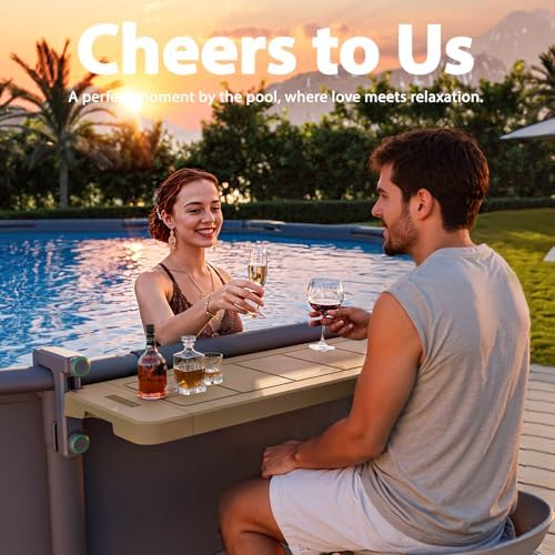 Poolside Bar, [Original] Swim Up Bar Exclusively for Above-Ground Round Pools. Patio Poolside Table Smart Fold Easy Maintenance, Weather Resistant Stable Tabletop (Amber Brown)