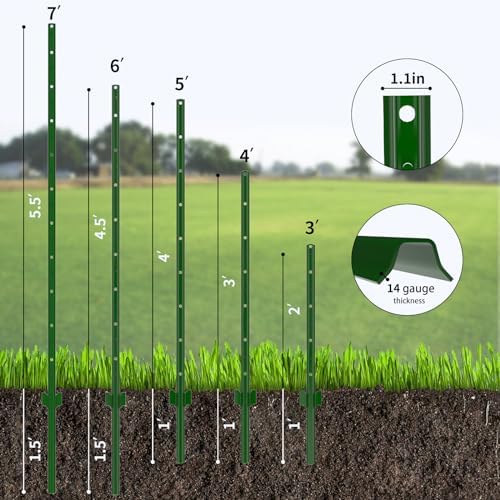 Fence Posts 7 Feet, Pack of 10, 3-4-5-6-7Ft Heavy Duty Garden Metal Steel Fence Post with U-Channel, No Dig Steel U Post Fencing for Lawn, Garden