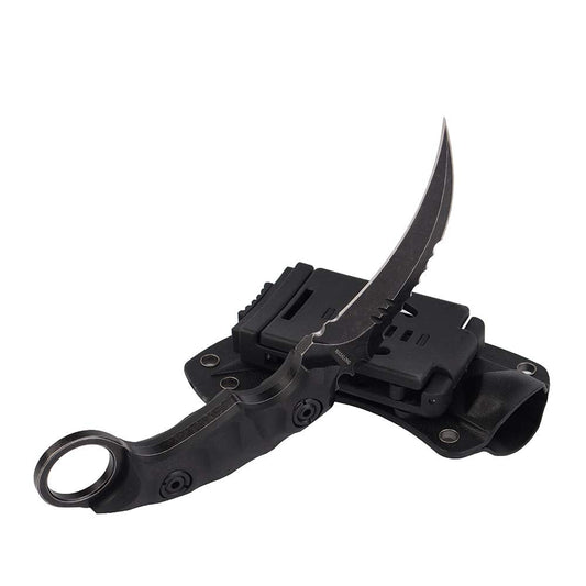 MASALONG Outdoor Survival claw Tactical teeth Knife Double edged sharp Fixed Blade Knife With Sheath (5CR Black Stone wash Black handle)