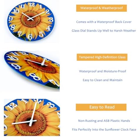 Outdoor Clock Waterproof-Decorative Sun Flower Wall Clocks for Pool Patio Porch Garden(12 Inch,Sunflower)