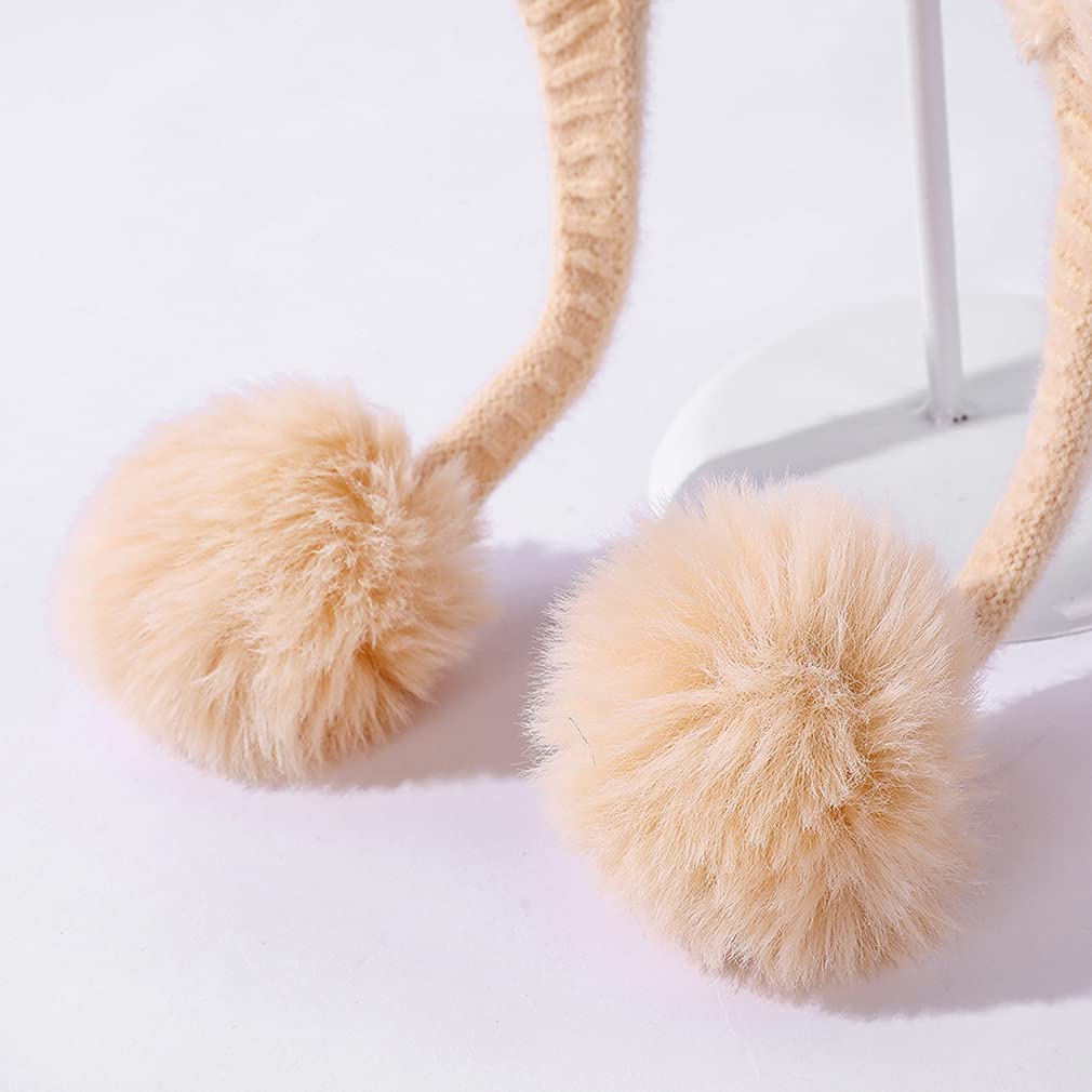 Tangjun Womens Winter Warm Beanie Knit Fur Lining Ear Flaps Cozy Cap Pompom Hat (White)