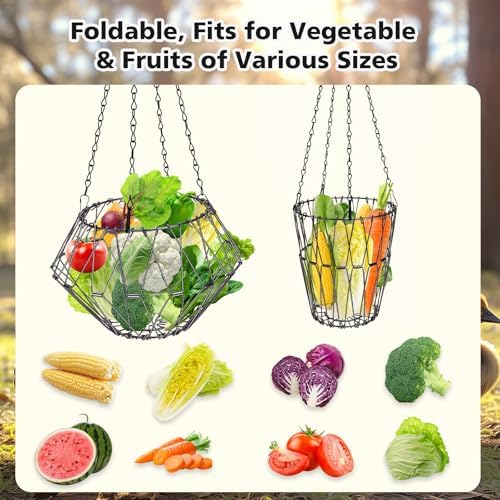 Hanging Chicken Feeder, Foldable 6.5inches Large Poultry Vegetable Fruits Feeder Basket with 17inches Hanging Chain, Veggie Treat Ball Boredom Toys for Chicken/Hens/Duck/Rabbit Coop, 2 Pack