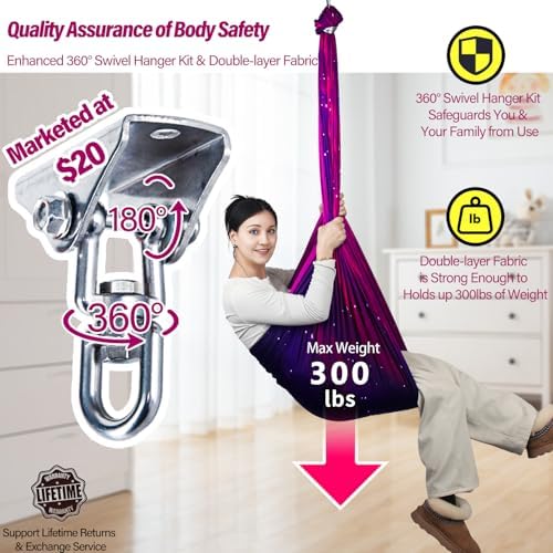 Sensory Swing for Kids & Adults Holds up to 300lbs Indoor & Outdoor Double Layer Therapy Cuddle Swing with 360° Swivel Hanger Kit for Calming, Effect for Autism, ADHD or SPD. (Galaxy Purple)