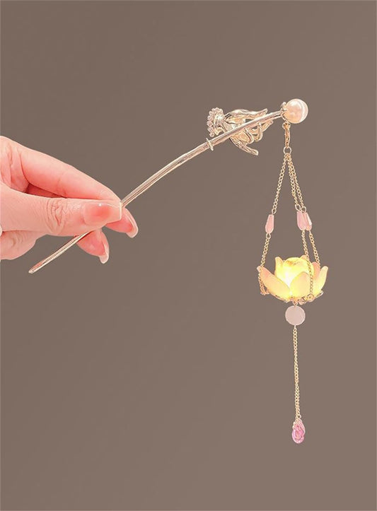 Lantern Light Tassel Hairpins Hair Stick Chinese Coiled Hair Antique Hair Pin Hair Accessories for Women Lotus-#04