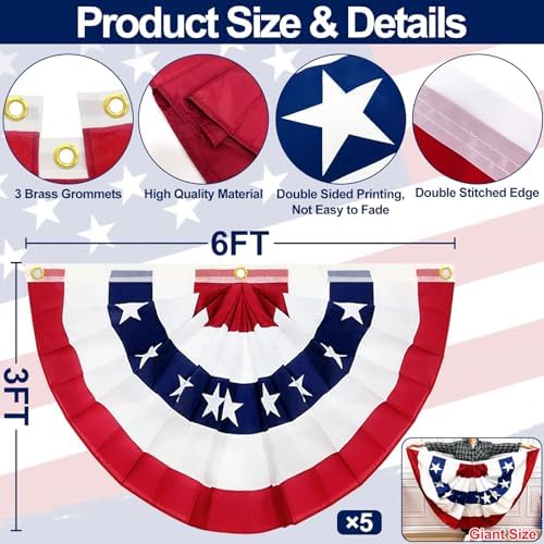 5 Pack 3x6 Feet Large American Flags Patriotic Bunting Stars Stripes 4th of July Pleated Fan USA Flag Banners Red White Blue Decorations for Outdoor Porch,Memorial Day,Independence Day,National Day